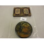 Victorian visiting card case with miniature floral needlework panels, gilt tooled leather