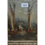 Small Dutch school, oil painting on canvas, moored fishing boats in a harbour with traders,