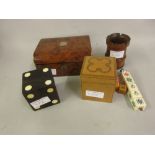 Small amboyna box containing a quantity of dice etc, a large hardwood dice, small satin birch