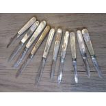 Collection of ten various silver and mother of pearl handled folding fruit knives, mainly 19th