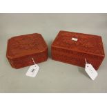 Two Chinese red cinnabar boxes with covers carved with flowers