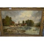 Oil on canvas, a busy town side river scene with figures and boats at the water front, buildings and