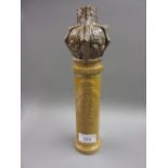 19th Century salt glazed stoneware flask in the form of a tip staff, relief moulded with Royal crest