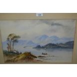 19th Century watercolour, Highland lake scene with figure and cottage to the foreground and