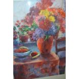 Large modern pastel drawing, still life, flowers and fruit on a table top, signed Golden, 26ins x
