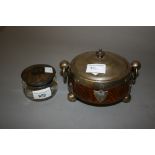 Silver mounted tortoishell and pique work glass dressing table jar, together with an oak and