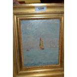 Small oil on panel, yacht under sail, 7ins x 5.5ins, gilt framed