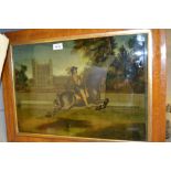 Maple framed glass picture, unframed engraving of a battle scene and a Chinese picture on silk
