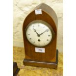 Edwardian mahogany and boxwood line inlaid lancet shaped mantel clock with an enamel dial, Roman