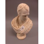 19th Century Parian bust of Robbie Burns, wearing a shoulder draped plaid with socle, 10ins high