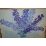 Russian school oil on board, study of delphiniums in a vase, signed and inscribed verso ' Vladimir