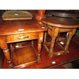 Reproduction oak circular occasional table on turned supports, together with a similar square