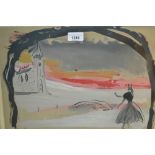 Watercolour study, girl before a river with distant church, signedBerard, 12ins x 16ins, framed