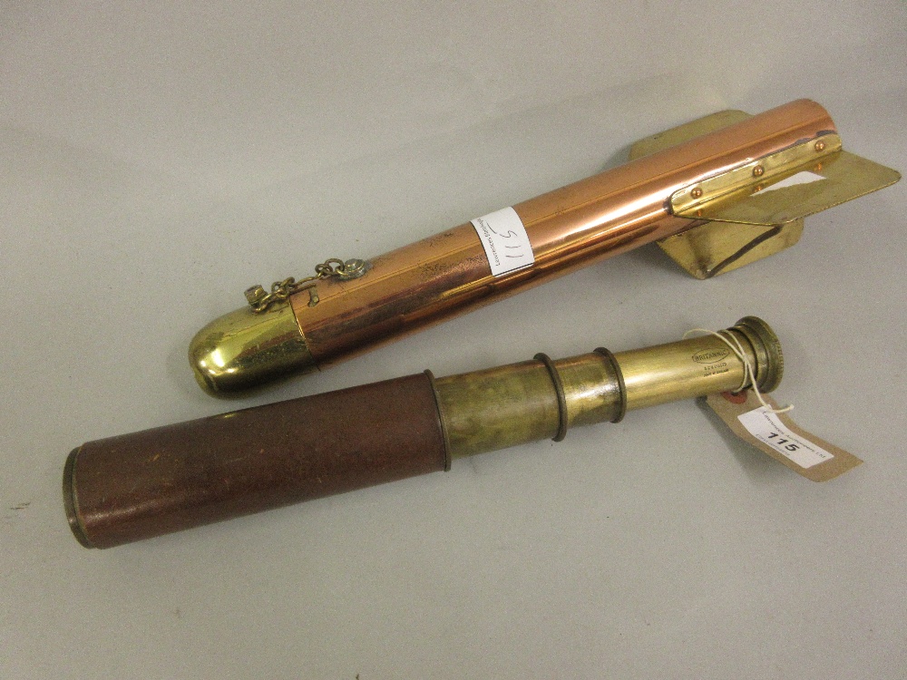 Small brass leather covered telescope marked Britannic, together with a polished brass and copper