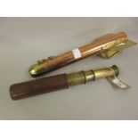 Small brass leather covered telescope marked Britannic, together with a polished brass and copper