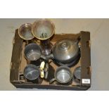 Quantity of pewter tankards, two hip flasks, two plated vases etc