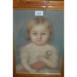 19th Century maplewood framed pastel drawing, portrait of a child with her doll, 14ins x 10.5ins