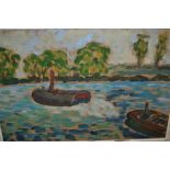 Impressionist style oil on board, steam boats in a river landscape, 13ins x 20ins