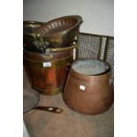 Brass helmet shaped coal scuttle with swing handle, copper and brass mounted coal bin with swing