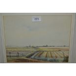 John Rootes, watercolour, fields near Lydd, together with a J.S. Hutton watercolour, coastal scene