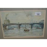 Robert Hay, oil, the Thames near Canon Street, signed and dated 1985, 7.5ins x 11.5ins, framed