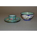 Canton enamel floral decorated cup with saucer and another Canton enamel bowl with floral decoration