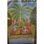 Pair of Indian paintings on silk, figures in landscapes, 18ins x 12ins, unframed