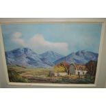 20th Century South African oil on canvas, landscape with building before mountains, indistinctly