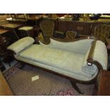 Regency rosewood brass inlaid scroll end chaise longue with silk fabric upholstery (in need of