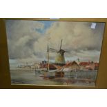 L. Van Staaten, 20th Century watercolour, Dutch canal scene with moored boat and windmills, gilt