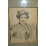Edouard Von Grutzner, signed watercolour, ink over pencil, portrait of a Bavarian lady, 13ins x 9.