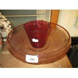 Cranberry glass vase together with a pink glass table centre with table decoration (lacking stand)