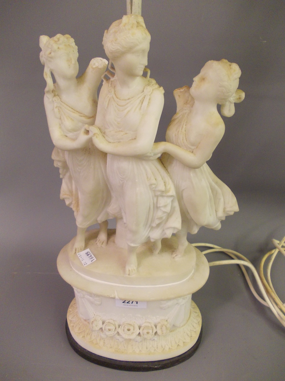 Carved alabaster group of the Three Graces adapted for use as a table lamp (at fault) together - Image 2 of 2