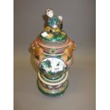 Chinese famille vert pot pourri with exotic bird handles decorated with panels of landscapes with