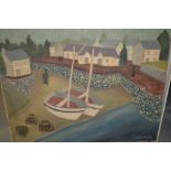 Mid 20th Century oil on canvas, primitive study of boats on a beach before cottages, signed Trevlyan