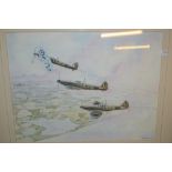 Steven Massey, watercolour, study of Spitfires over Pagham harbour, signed, 16ins x 13ins