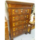19th Century Continental shell inlaid straight front chest of five long drawers with brass handles