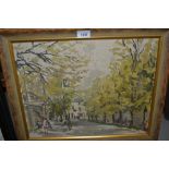 E. Langdon - Down, signed oil on canvas, figures in a street, dated 1944, 13.5ins x 17.5ins