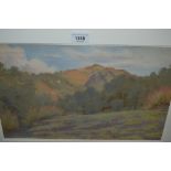Lionel Heath, watercolour, landscape with distant hill side buildings, unsigned, 11ins x 17ins, gilt