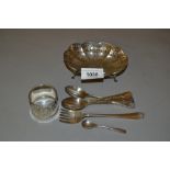 Sheffield silver oval pierced trinket dish on low supports, set of four coffee spoons, small