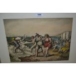 Harold Hope Read, watercolour, elderly couple and others on a beach, unsigned, 10ins x 14ins, framed