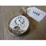 Continental silver cased open face pocket watch with enamel dial, Roman numerals and visible