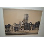Sir Henry Rushbury, signed etching, Fountains Abbey, unframed, 9.5ins x 12.25ins