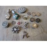 Bag containing a small quantity of various silver coins, jewellery etc