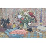Bernard Dunstan, oil on board, still life, flowers, a sewing machine etc on a table, gilt framed,