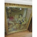 Early 20th Century woolwork picture, three figures in an interior, in a gilt frame