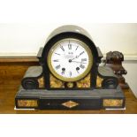 Large 19th Century French black slate and rouge marble inset mantel clock, the circular white enamel