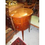 Early 20th Century oval mahogany line inlaid and transfer decorated floor standing wind-up