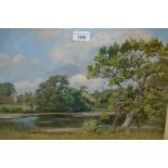 Oil on card, river landscape with distant cottage, unsigned, 11.5ins x 17ins, gilt framed