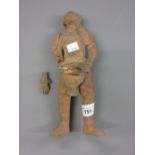 Antique terracotta painted figure of a man holding a pot (at fault), 10ins high